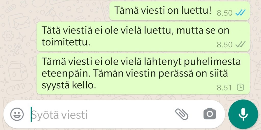 WhatsApp kello herättää välillä ihmetystä. Kuvassa on erilaisia symboleja viestien perässä. Viimeisessä viestissä on kello.